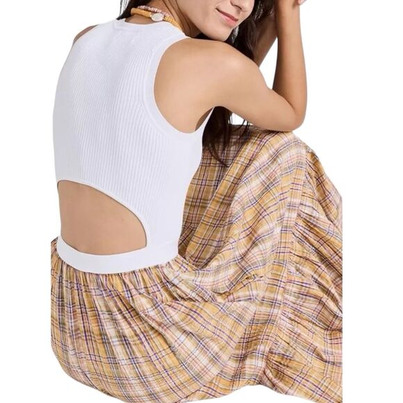 Tanya Taylor‎ Dress WMNS S Yelllow Plaid Midi Ribbed Cut Out Prairie Fall Modest - Picture 9 of 13